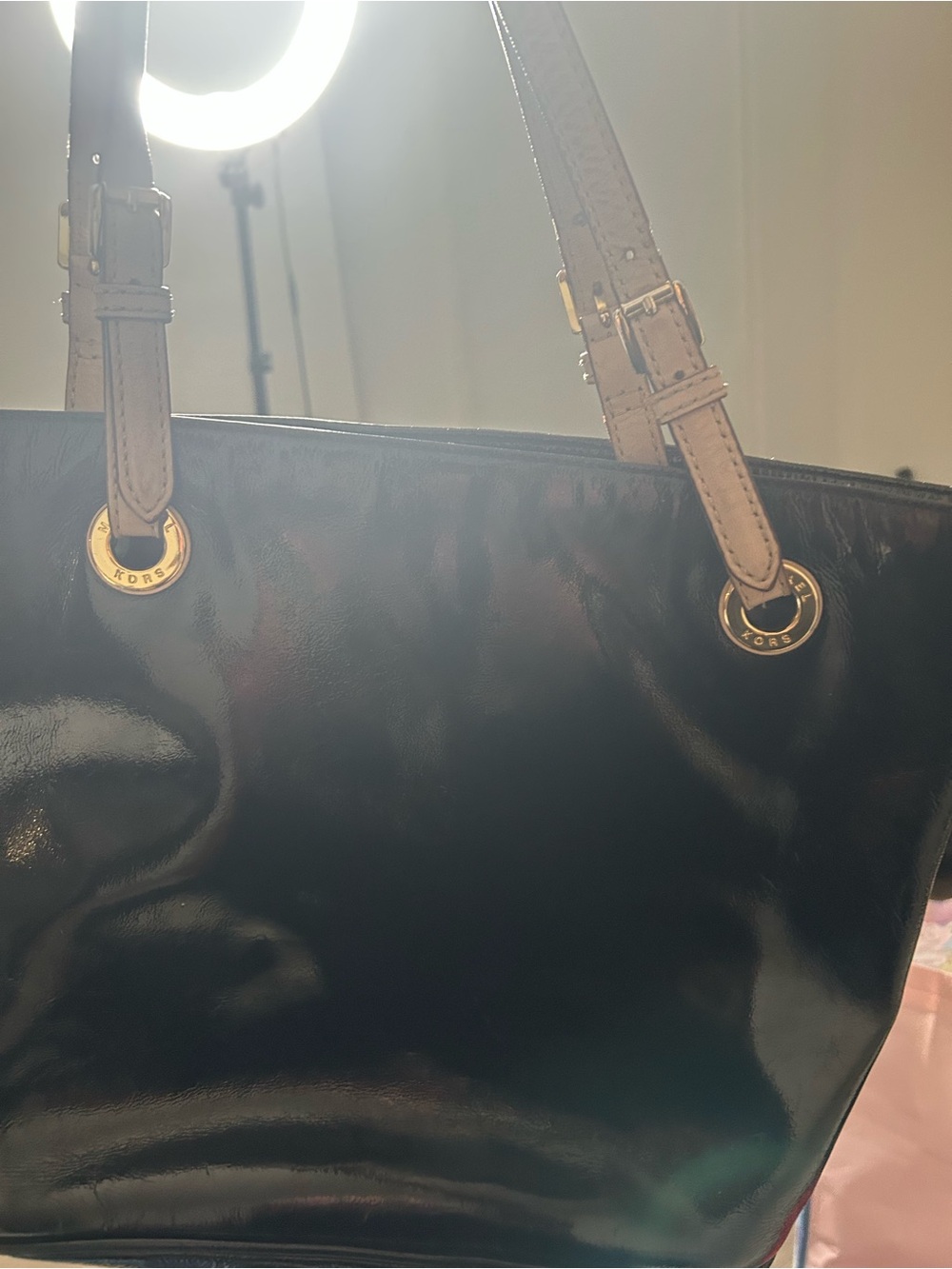 Michael Kors Black Patent Tote with Tan Straps and Gold Hardware
